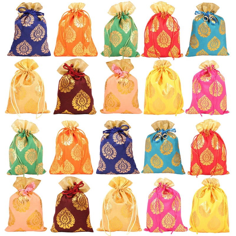 Touchstone Drawstring Bags Traditional Indian Handcrafted in Ficus Leaf Pattern Brocade fabric Perfect for Gifts Jewelry Weddings Sweet Distribution Set of 20 Vibrant Multicolor Pouches Purses Potli - Image 2