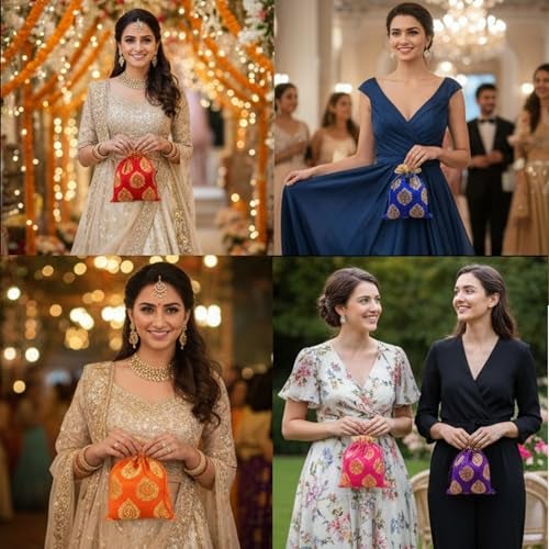 Touchstone Drawstring Bags Traditional Indian Handcrafted in Ficus Leaf Pattern Brocade fabric Perfect for Gifts Jewelry Weddings Sweet Distribution Set of 20 Vibrant Multicolor Pouches Purses Potli - Image 3