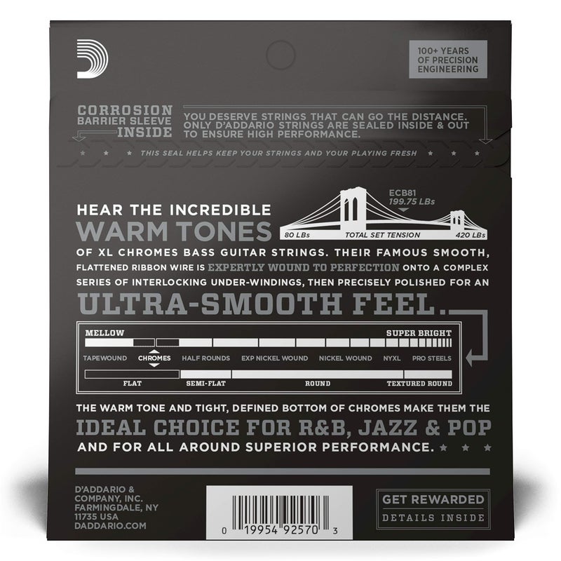 D'Addario XL Chromes Flat Wound Bass Guitar Strings - ECB81 - Long Scale - Regular Light, 45-100 - Image 2