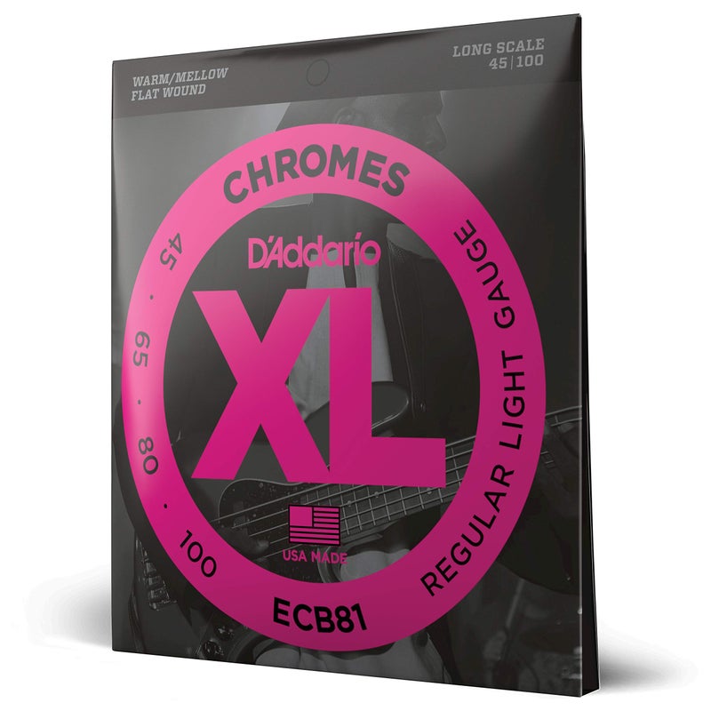 D'Addario XL Chromes Flat Wound Bass Guitar Strings - ECB81 - Long Scale - Regular Light, 45-100 - Image 1