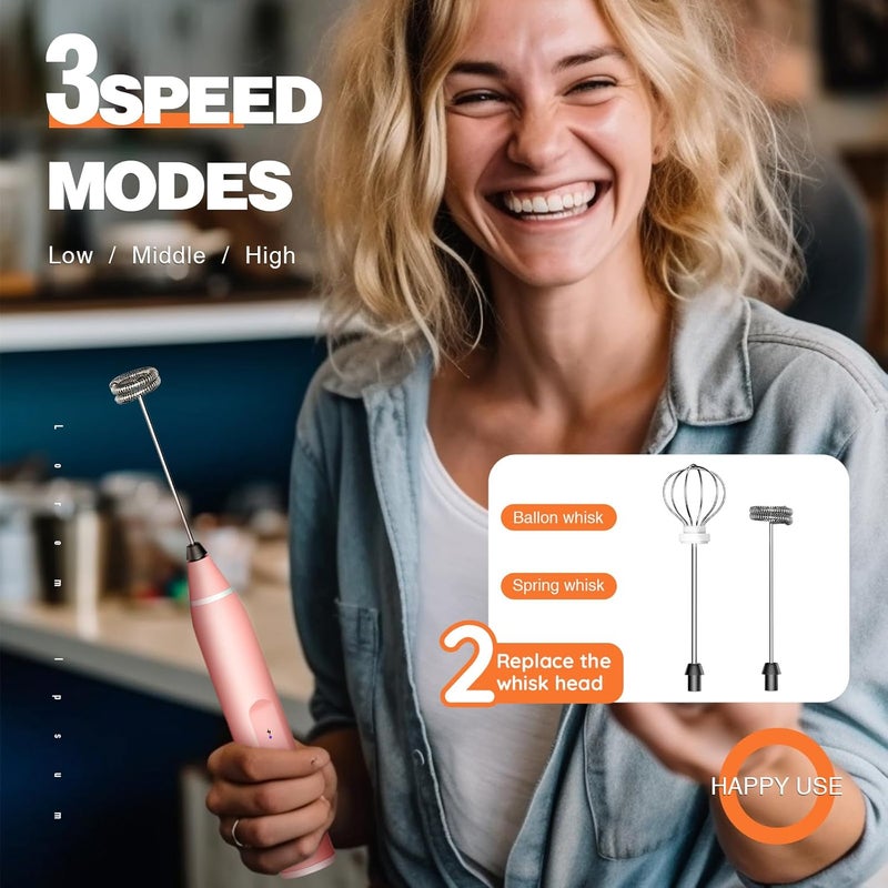 Laposso Milk Frother Rechargeable Handheld Electric Whisk Coffee Frother Mixer with 2 Stainless whisks 3 Speed Adjustable Foam Maker Blender for Coffee Matcha Latte Cappuccino Hot Chocolate(Classic Pink) - Image 2