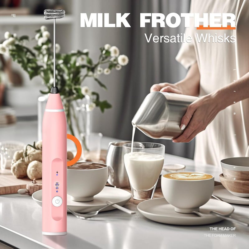 Laposso Milk Frother Rechargeable Handheld Electric Whisk Coffee Frother Mixer with 2 Stainless whisks 3 Speed Adjustable Foam Maker Blender for Coffee Matcha Latte Cappuccino Hot Chocolate(Classic Pink) - Image 5