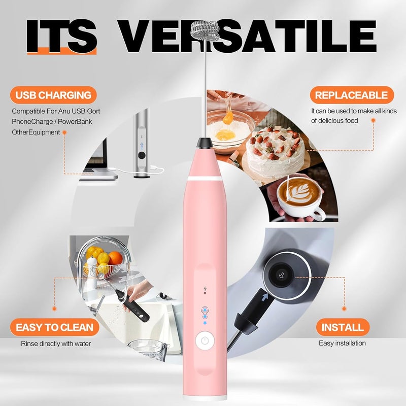 Laposso Milk Frother Rechargeable Handheld Electric Whisk Coffee Frother Mixer with 2 Stainless whisks 3 Speed Adjustable Foam Maker Blender for Coffee Matcha Latte Cappuccino Hot Chocolate(Classic Pink) - Image 3