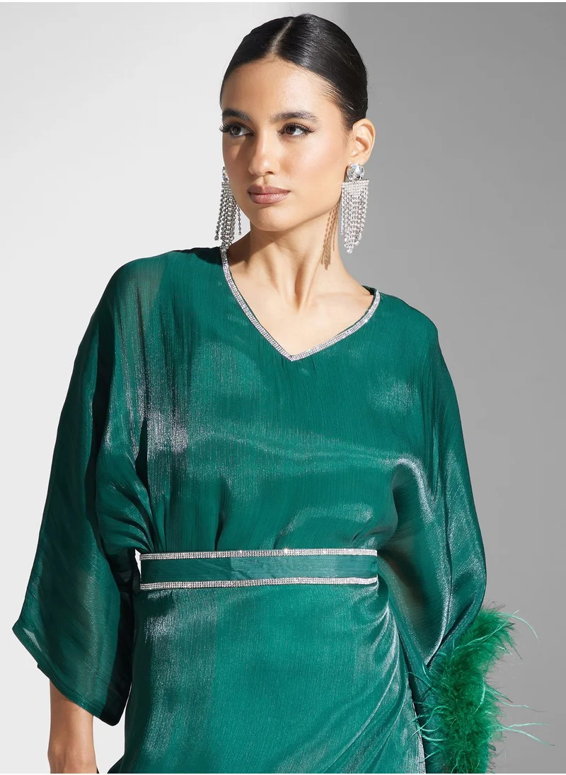 hayas closet V-Neck Belted Fur Detail Dress