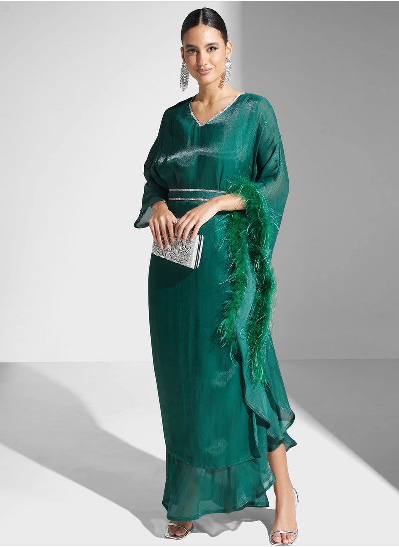 hayas closet - V-Neck Belted Fur Detail Dress - Image 1