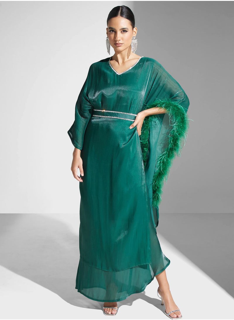 hayas closet - V-Neck Belted Fur Detail Dress - Image 1