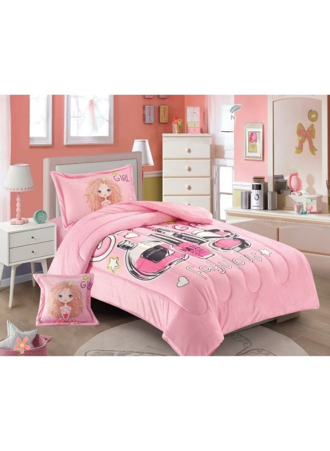 سمارت هوم مفرش سرير أطفال شتوي فخم 4 قطع وجهين مخمل وفرو ناعم بتصميم عصري ومريح – طقم مفارش سرير دافئ  مناسب لغرف الأولاد والبنات – مفرش شتوي فخم للمنزل أو الهدايا – المقاس 170×230 سم ( المفرش بحشوة ) - Image 1