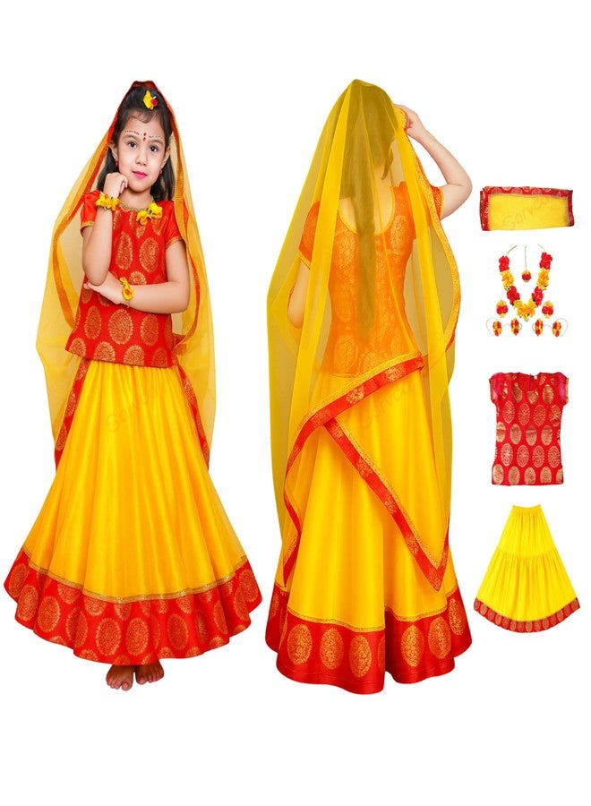 Sarvda Brocade Shree Krishna Dress For Baby Boy & Radha Dress For Girls | Janamashtami Dress | Fancy Dress Costume With Accessories Dhoti, Dupatta, Mukut Flute Complete Set, Ethnic Wear - Image 1