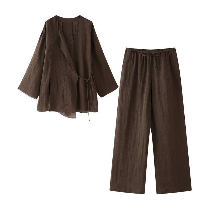 Export Summer Women'S Linen Kimono Cross Jacket Fashion Pants Suit For Women - Image 3
