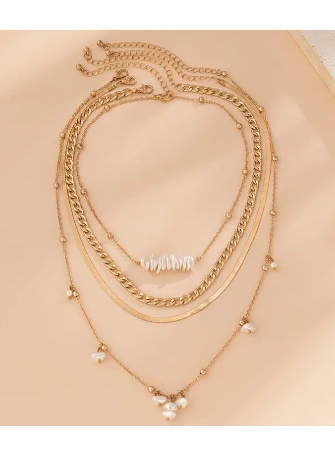 Home Clearance Sale Vintage & Minimalist Necklace Set with Imitation Pearl, Water Drop Beads & Flat Snake Chain - Copper - Image 3