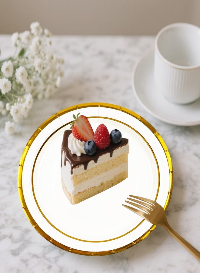 HiEnjoin 50Pcs White Paper Plates, 9 inch Birthday Party Cake Plates with Gold Foil Edge Disposable Dessert Plate or Anniversaries Birthday Wedding Baby Shower Decorations - Image 5