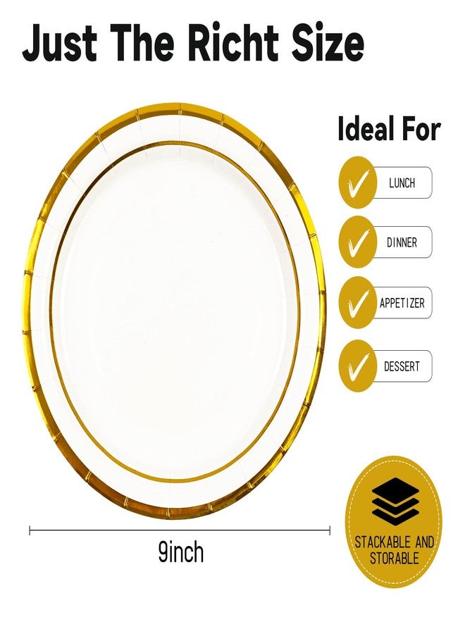HiEnjoin 50Pcs White Paper Plates, 9 inch Birthday Party Cake Plates with Gold Foil Edge Disposable Dessert Plate or Anniversaries Birthday Wedding Baby Shower Decorations - Image 2