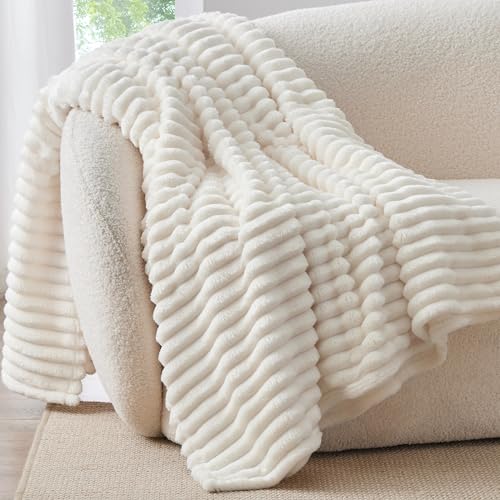 BEDELITE Twin Blanket for Couch & Bed, 300GSM Soft & Warm Fleece Blanket, Decorative and Giftable Striped Cream White Blankets for Women, Men, 60"x80" - Image 2