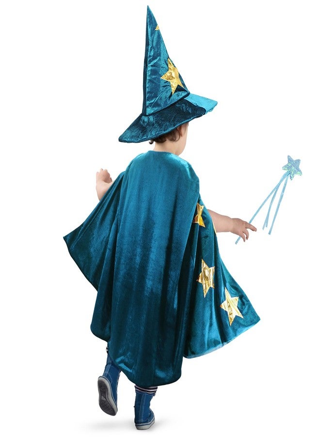 CosInStyle Kids Wizard Witch Cloak With Hat And Wand, Halloween Boys and Girls Cape Costume Props for Cosplay Party Fancy Dress (Blue) - Image 3