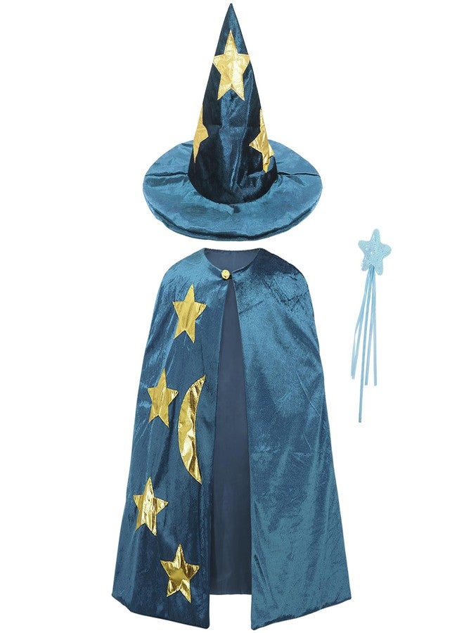 CosInStyle Kids Wizard Witch Cloak With Hat And Wand, Halloween Boys and Girls Cape Costume Props for Cosplay Party Fancy Dress (Blue) - Image 5