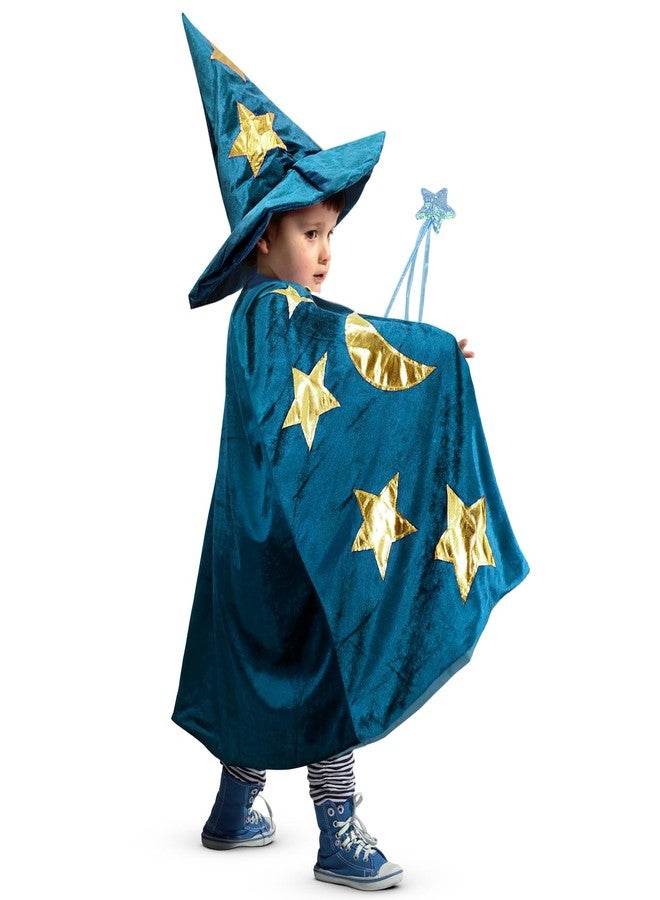 CosInStyle Kids Wizard Witch Cloak With Hat And Wand, Halloween Boys and Girls Cape Costume Props for Cosplay Party Fancy Dress (Blue) - Image 1