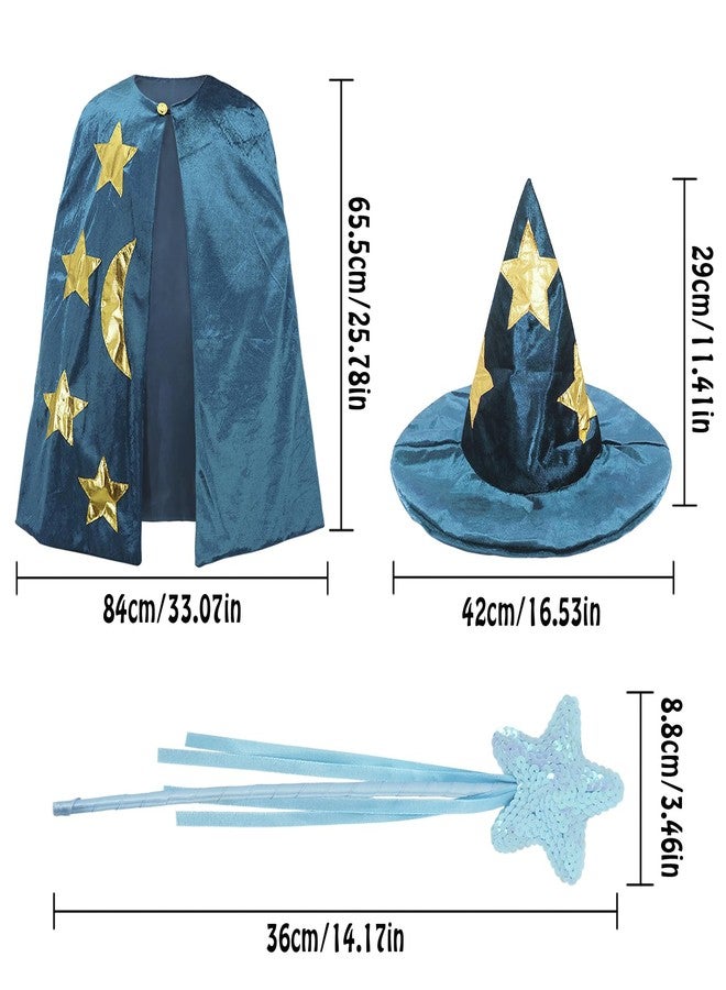 CosInStyle Kids Wizard Witch Cloak With Hat And Wand, Halloween Boys and Girls Cape Costume Props for Cosplay Party Fancy Dress (Blue) - Image 4