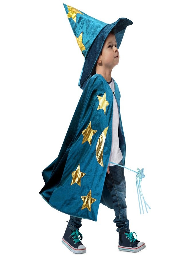 CosInStyle Kids Wizard Witch Cloak With Hat And Wand, Halloween Boys and Girls Cape Costume Props for Cosplay Party Fancy Dress (Blue) - Image 2