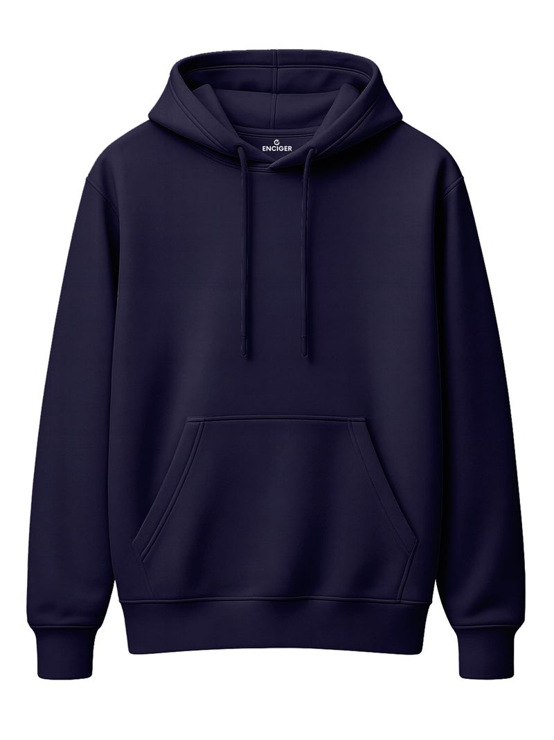 ENCIGER Men’s Solid Hoodie | 100% Cotton Fleece Warm Sweatshirt with Kangaroo Pocket & Adjustable Hood | Regular Fit Winter Wear for Men Navy, L - Image 1