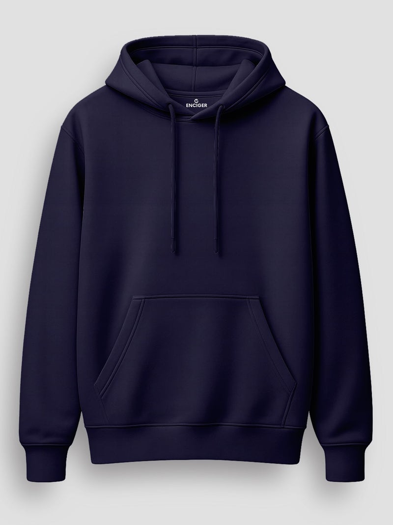 ENCIGER Men’s Solid Hoodie | 100% Cotton Fleece Warm Sweatshirt with Kangaroo Pocket & Adjustable Hood | Regular Fit Winter Wear for Men Navy, L - Image 2