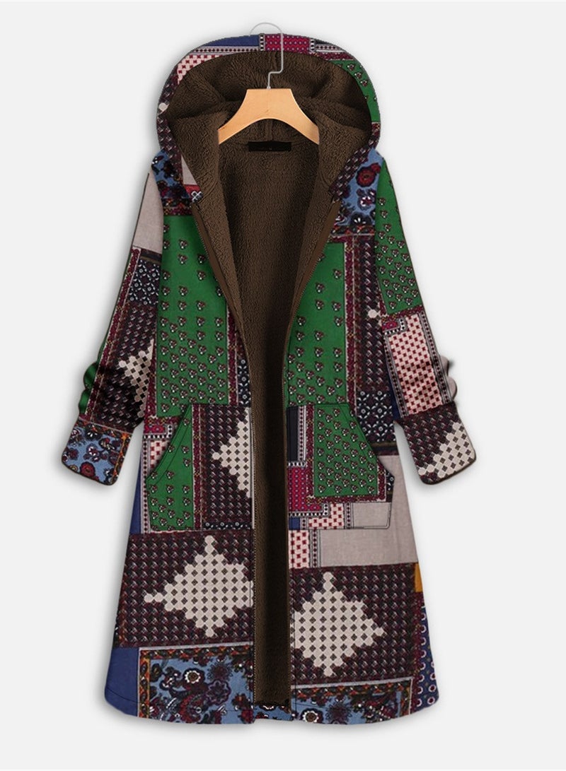 Loquat Autumn And Winter Thick Printed Women's Hooded Slim-Fit Long Warm Coat Green  - Image 1