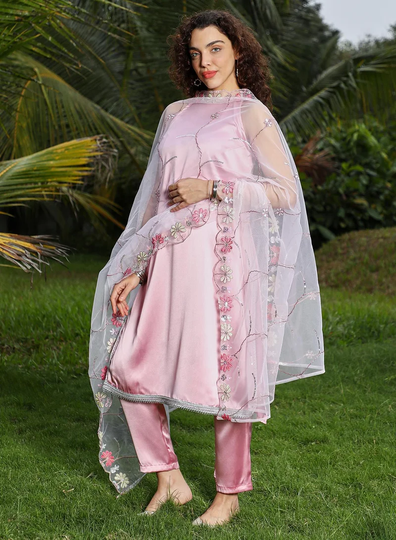  قصة Women's Powder Pink Blush Bloom Kurta Set