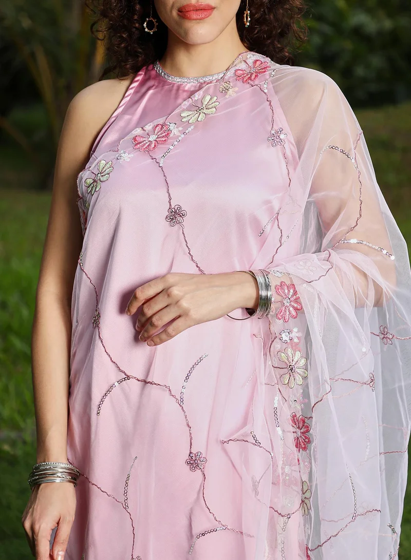  قصة Women's Powder Pink Blush Bloom Kurta Set