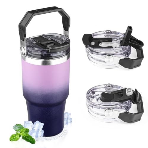 FLIFQI 20oz Tumbler with Handle and Flip Straw Lid Double Wall Insulated Travel Coffee Mug Stainless Steel Vacuum Coffee Tumbler Cup for Hot and Cold Drinks Leak-proof&BPA-free（20oz,Light purple Navy blue） - Image 1