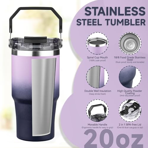 FLIFQI 20oz Tumbler with Handle and Flip Straw Lid Double Wall Insulated Travel Coffee Mug Stainless Steel Vacuum Coffee Tumbler Cup for Hot and Cold Drinks Leak-proof&BPA-free（20oz,Light purple Navy blue） - Image 3