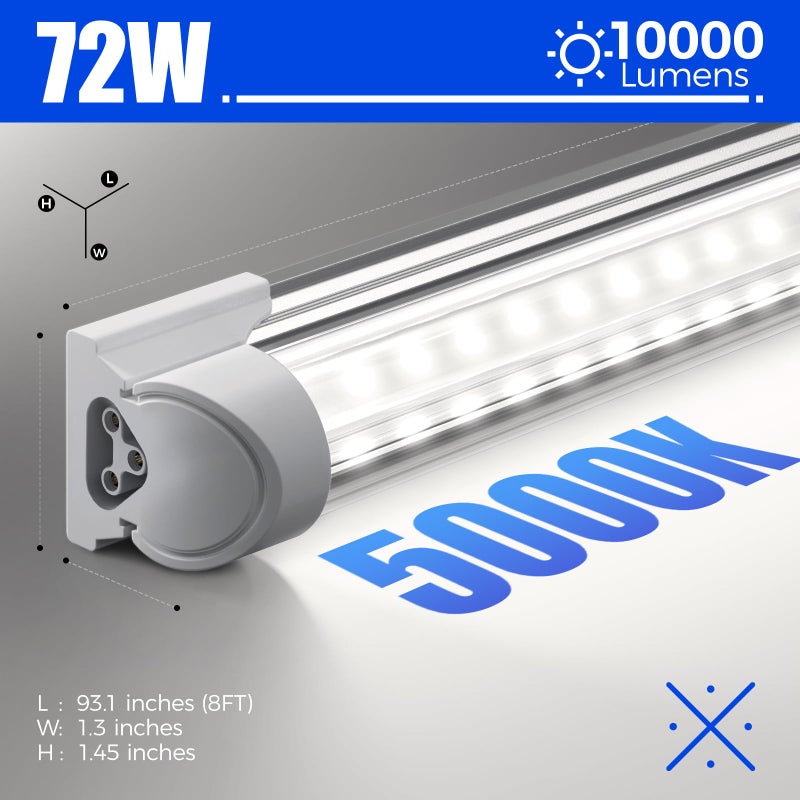 Barrina 8FT LED Shop Lights Fixture, T8 72W 10000lm 5000K, Daylight White, Clear Cover, V Shape,Tube Light, Hight Output, Bulbs for Garage, Warehouse, Plug and Play, 6 Packs - Image 4