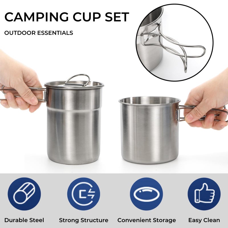 Nagpew 2 Pieces Stainless Steel Camping Cups, Stackable Camping Mugs with Storage Bag, Foldable Handles, Vented Lid, Metal Backpacking Cookware Bush Pot for Coffee, Tea, Hiking - Image 3