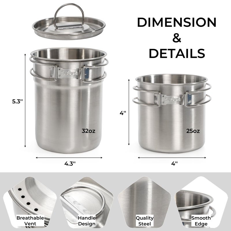 Nagpew 2 Pieces Stainless Steel Camping Cups, Stackable Camping Mugs with Storage Bag, Foldable Handles, Vented Lid, Metal Backpacking Cookware Bush Pot for Coffee, Tea, Hiking - Image 2