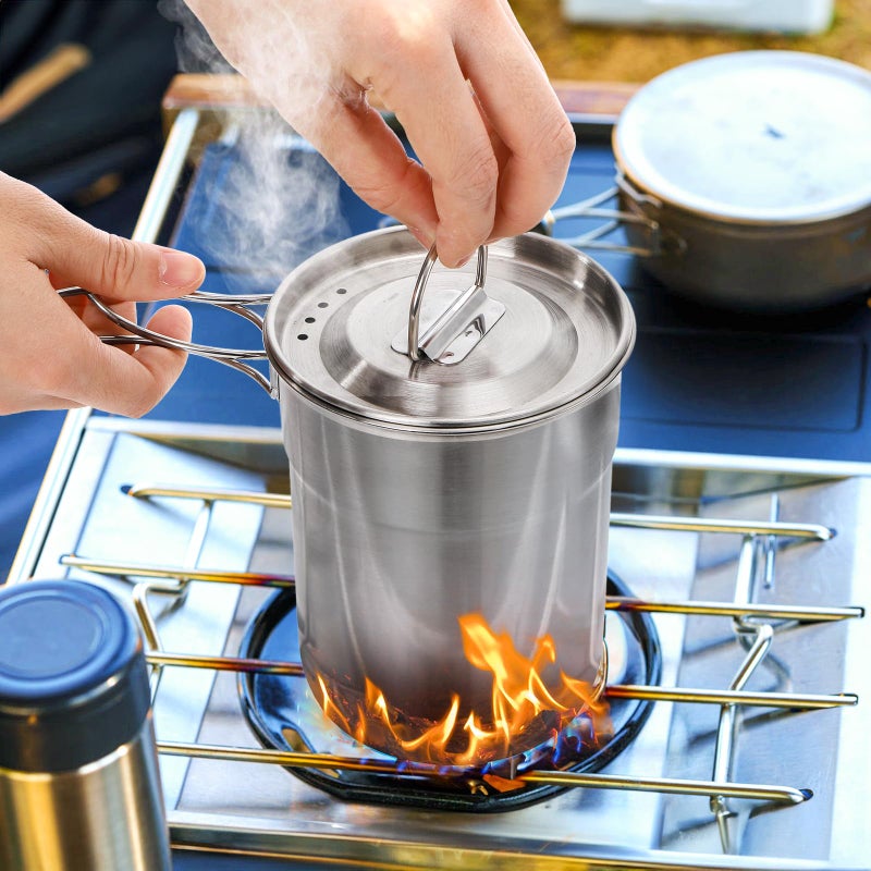 Nagpew 2 Pieces Stainless Steel Camping Cups, Stackable Camping Mugs with Storage Bag, Foldable Handles, Vented Lid, Metal Backpacking Cookware Bush Pot for Coffee, Tea, Hiking - Image 5
