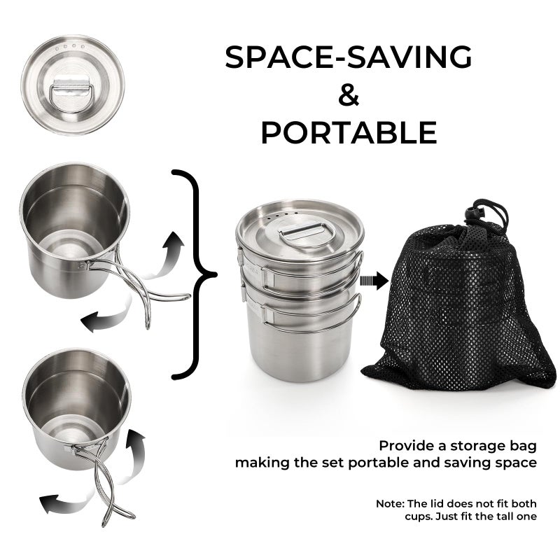 Nagpew 2 Pieces Stainless Steel Camping Cups, Stackable Camping Mugs with Storage Bag, Foldable Handles, Vented Lid, Metal Backpacking Cookware Bush Pot for Coffee, Tea, Hiking - Image 4