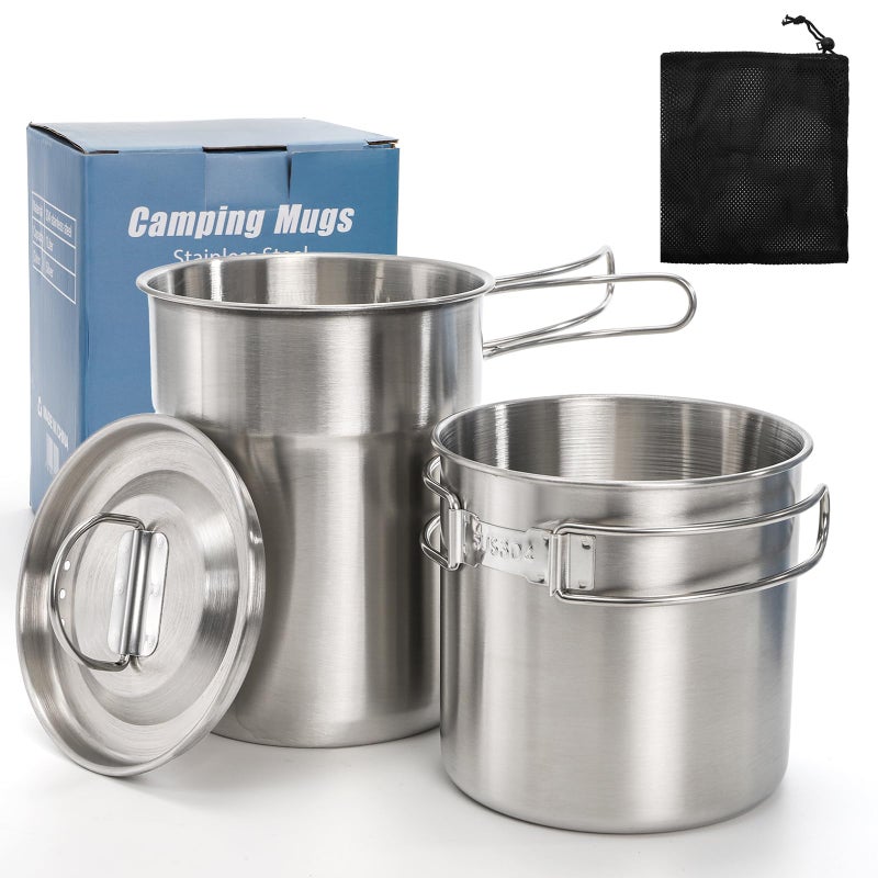 Nagpew 2 Pieces Stainless Steel Camping Cups, Stackable Camping Mugs with Storage Bag, Foldable Handles, Vented Lid, Metal Backpacking Cookware Bush Pot for Coffee, Tea, Hiking - Image 1