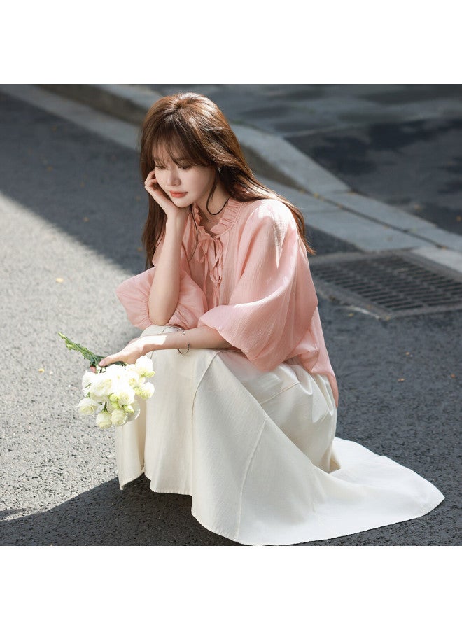 Mt [candied Yangmei] Summer Elegant Small V-neck Korean Style Ruffle Mid-sleeve Blouse - Image 4