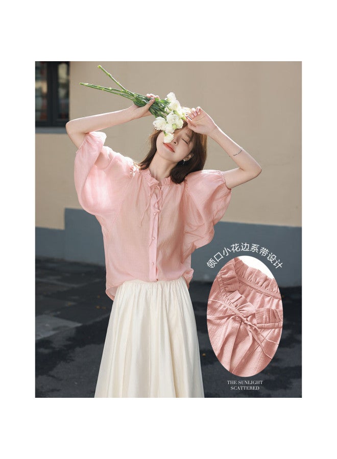 Mt [candied Yangmei] Summer Elegant Small V-neck Korean Style Ruffle Mid-sleeve Blouse - Image 1