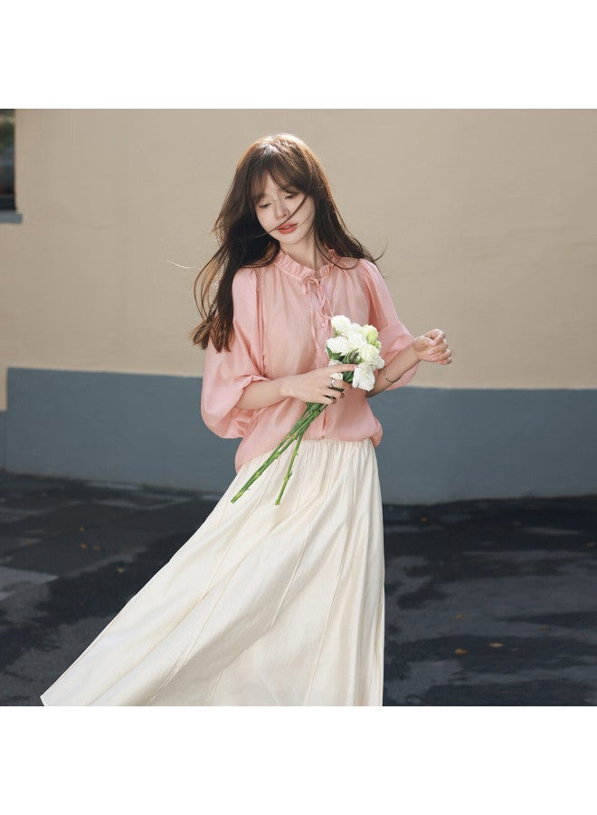 Mt [candied Yangmei] Summer Elegant Small V-neck Korean Style Ruffle Mid-sleeve Blouse - Image 3