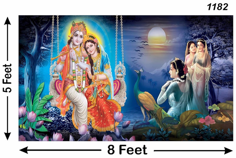 Backdropon Radha Krishna on Jhula Design Backdrop Curtain for Backdrop for Pooja Decoration Traditional/Background Curtain Cloth for Pooja/Festival Size 5 Feet Height and 8 Feet Width(5 * 8) - Image 3