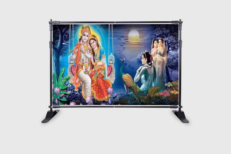 Backdropon Radha Krishna on Jhula Design Backdrop Curtain for Backdrop for Pooja Decoration Traditional/Background Curtain Cloth for Pooja/Festival Size 5 Feet Height and 8 Feet Width(5 * 8) - Image 2