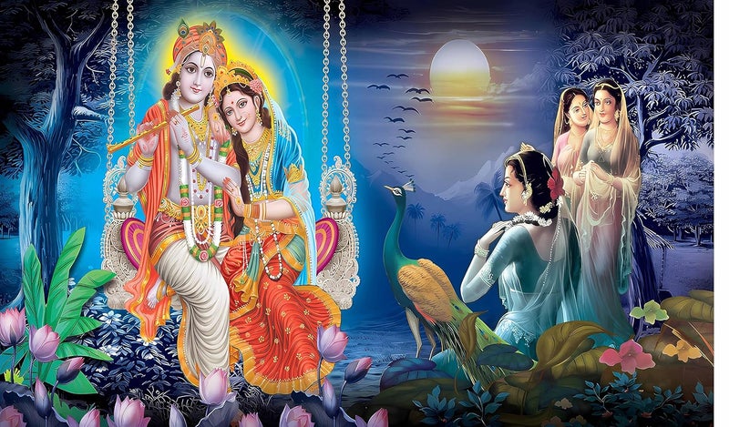 Backdropon Radha Krishna on Jhula Design Backdrop Curtain for Backdrop for Pooja Decoration Traditional/Background Curtain Cloth for Pooja/Festival Size 5 Feet Height and 8 Feet Width(5 * 8) - Image 1