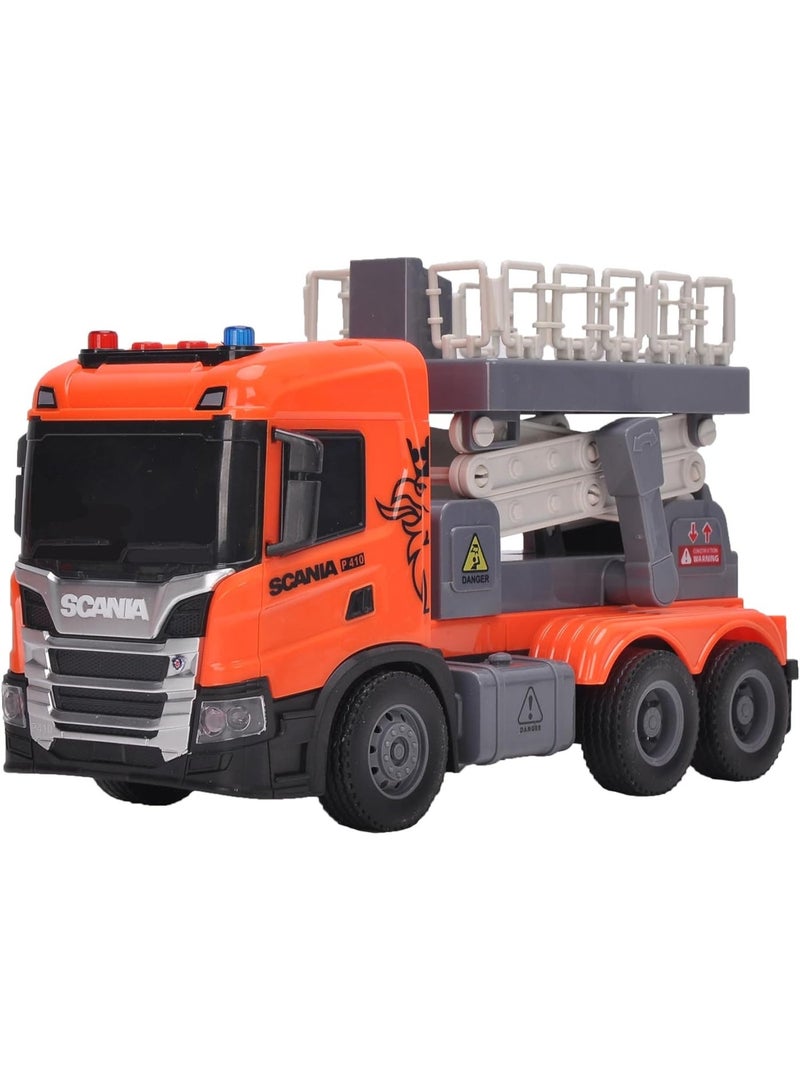 The Toys Home Licensed Scania Fire Rescue Lift Truck Toy, 12 Inch Friction Powered Push and Go Vehicle with Elevating Platform, Lights and Sound, Orange, Ages 3+ - Image 1