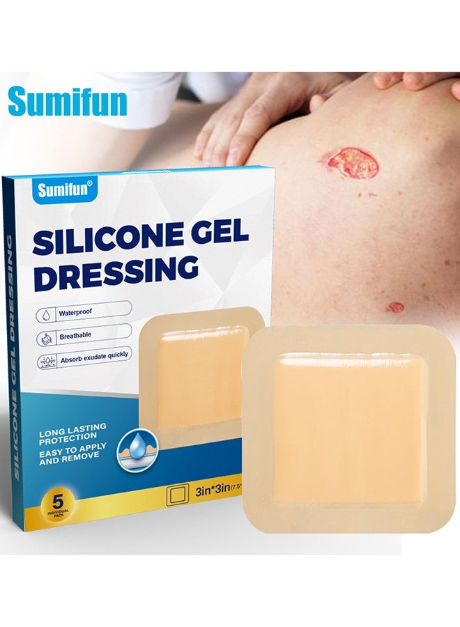 Sumifun 5 Packs Silicone Gel Dressing With Border, Adhesive Border 7.5x7.5cm Silicone Foam Dressing Bandage, Foam Dressings Breathable And Skin-Friendly, Self-Adhesive Care Patches For Wound Surfaces, Sterile and Waterproof - Image 1