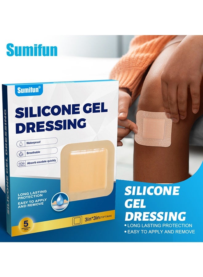 Sumifun 5 Packs Silicone Gel Dressing With Border, Adhesive Border 7.5x7.5cm Silicone Foam Dressing Bandage, Foam Dressings Breathable And Skin-Friendly, Self-Adhesive Care Patches For Wound Surfaces, Sterile and Waterproof - Image 2