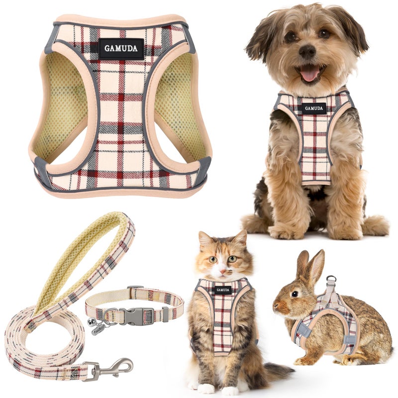 GAMUDA Small Dog Harness Collar and Leash Set, Step in No Chock No Pull Soft Mesh Adjustable Dog Vest Harnesses Plaid Reflective for Dogs Puppy Cats Kitten Rabbit (Beige, S) - Image 1