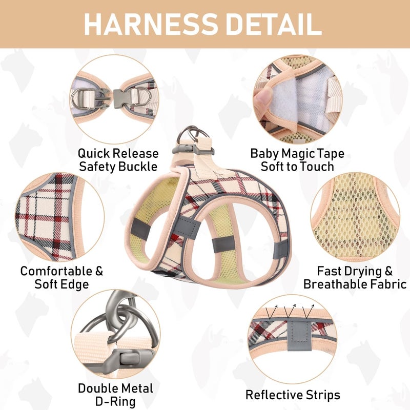 GAMUDA Small Dog Harness Collar and Leash Set, Step in No Chock No Pull Soft Mesh Adjustable Dog Vest Harnesses Plaid Reflective for Dogs Puppy Cats Kitten Rabbit (Beige, S) - Image 2