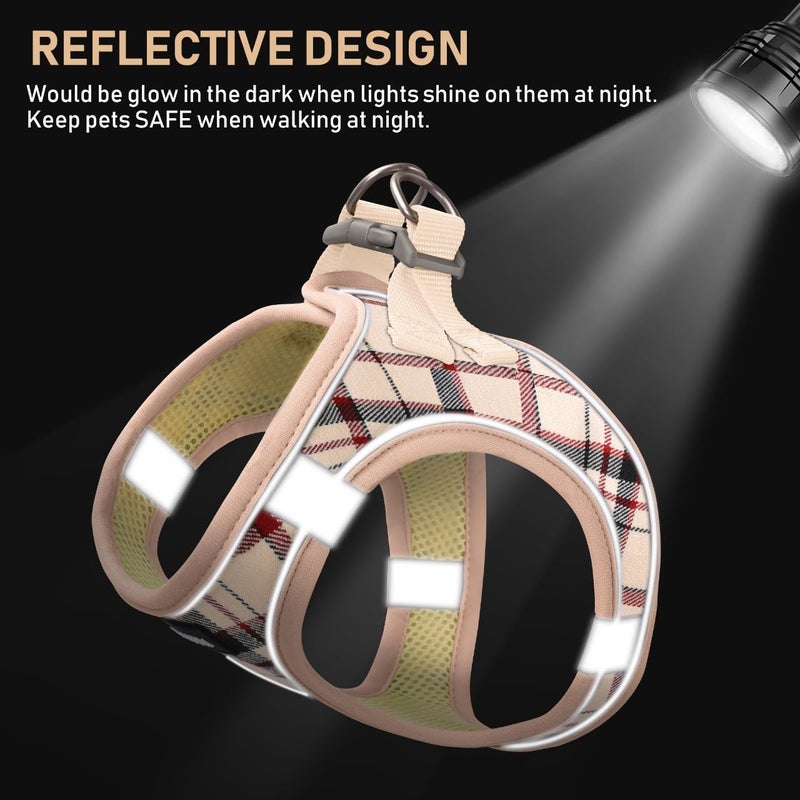 GAMUDA Small Dog Harness Collar and Leash Set, Step in No Chock No Pull Soft Mesh Adjustable Dog Vest Harnesses Plaid Reflective for Dogs Puppy Cats Kitten Rabbit (Beige, S) - Image 3