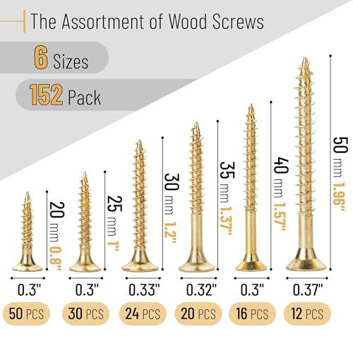 Mr. Pen Mr Pen Wood Screws Assortment Kit 152 pcs Gold Phillips Flat Head 6 Sizes 2 112 114 1 34 12 Durable Assorted Wood Screws for Woodworking Household Storage Box Included - Image 3