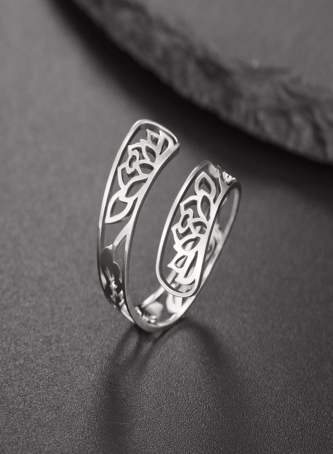 TEAMER Adjustable Lotus Flower Ring Stainless Steel Elegant Filigree Flower Ring Bohemian Yoga Jewelry Band Ring For Women (Lotus - Silver) - Image 3
