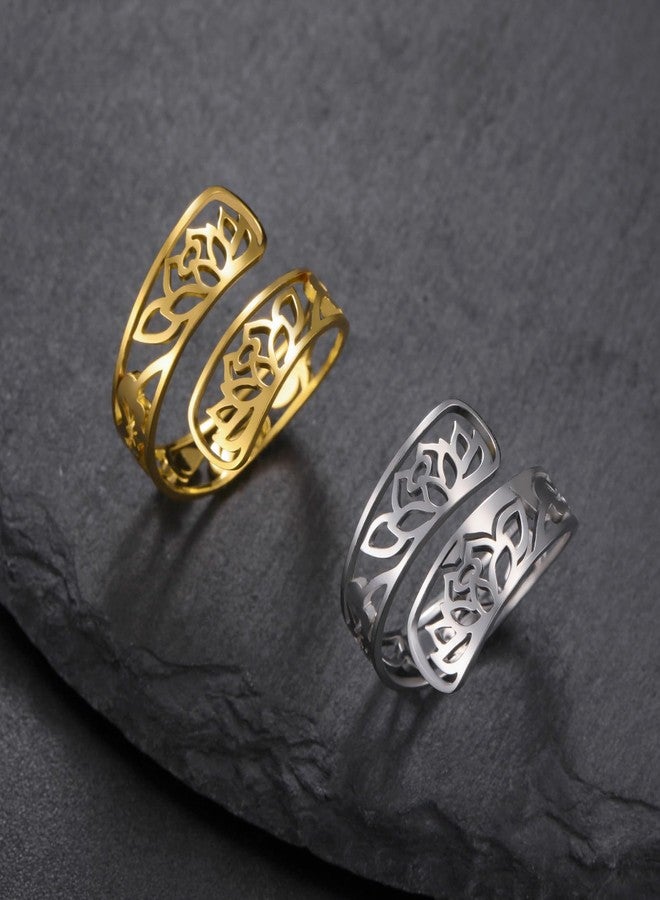 TEAMER Adjustable Lotus Flower Ring Stainless Steel Elegant Filigree Flower Ring Bohemian Yoga Jewelry Band Ring For Women (Lotus - Silver) - Image 5